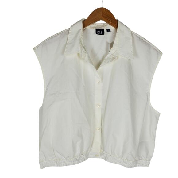 GAP Tops - NEW Gap Cropped Poplin Shirt Size L Off White Cap Sleeve Cotton Button Up Top